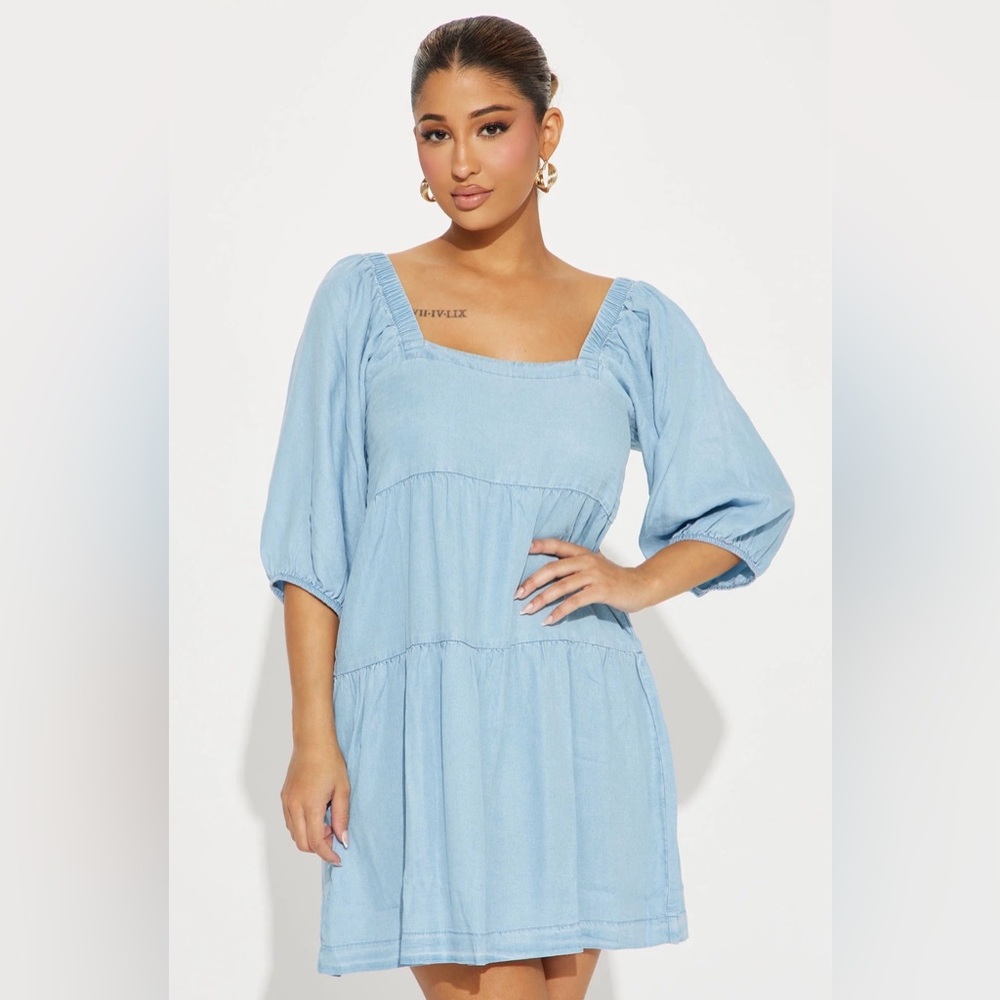 Hunter & Brown Chambray Puff Sleeve Tiered Babydoll Mini Dress Swing Flowy